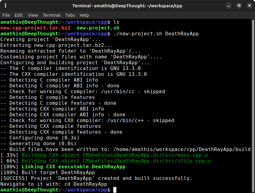 Terminal Output showing new project script