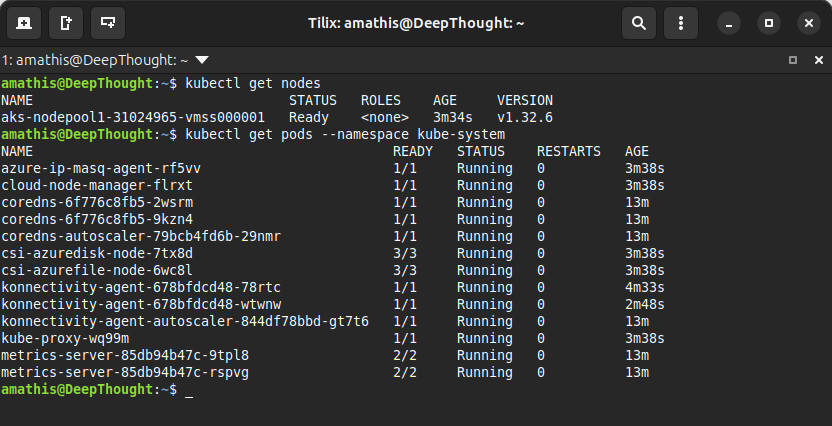 Terminal Output showing kubectl get nodes / pods