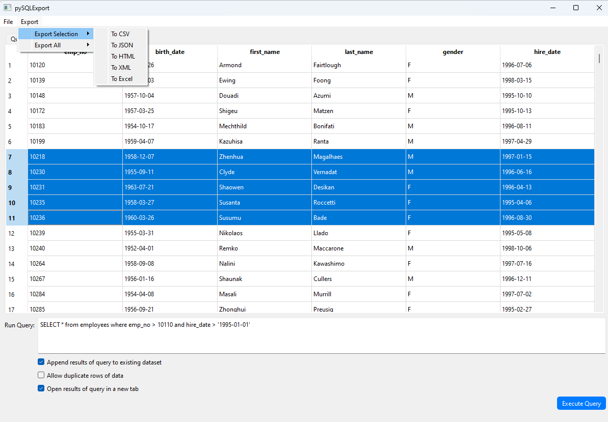 pySQLExport Export Menu