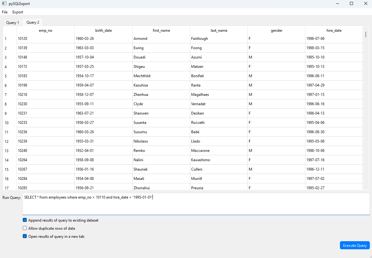 pySQLExport Query Window