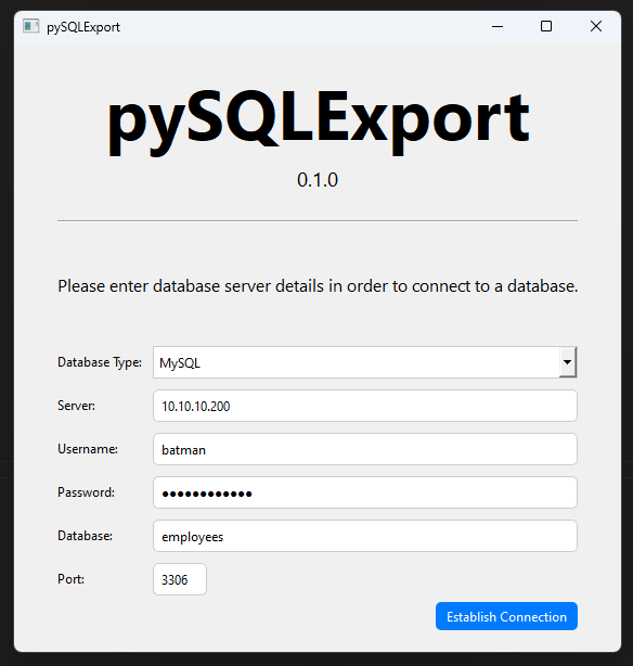 pySQLExport Connection Screen